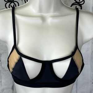 Cutout and Mesh Demi Bra Bikini Top Back Clasp Black and Tan Adjustable Straps